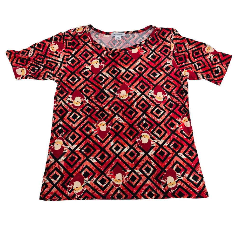 Liz Claiborne Womens XXL Red Black Santa‎ Geometric Christmas Holiday T-Shirt